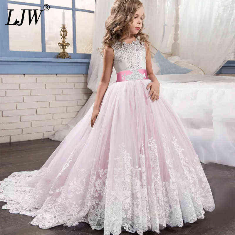 Girl Children Wedding Dress white First Holy Communion Formal long Sleeveless Lace Princess Party Prom Dress for Girl 3-12yrs Y220510