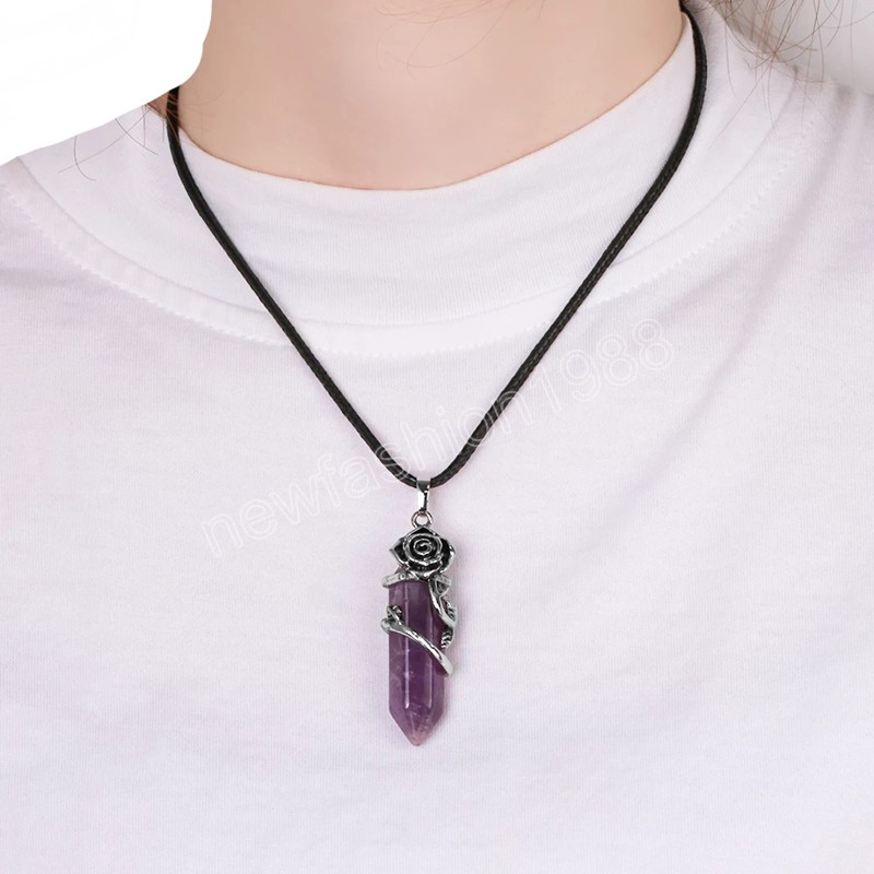 Hexagonal Crystal Necklace Natural Stone Pendant Necklaces Raw Crystals Amethysts Rose Flower Quartz Pendants Healing