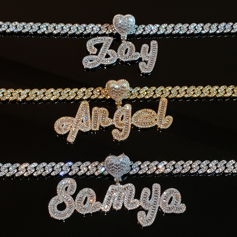 Grandbling Custom Name Necklace with Heart rhinestones Cuban Chain Word Iced Out CZ Personalized Hiphop Jewelry 220722