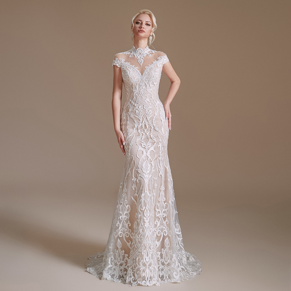 Vintage High Neck Lace Mermaid Wedding Dresses Sheer Cap Sleeves Beaded Illusion Backless Sweep Train Bridal Gowns vestidos de novia Wedding Dress CPS