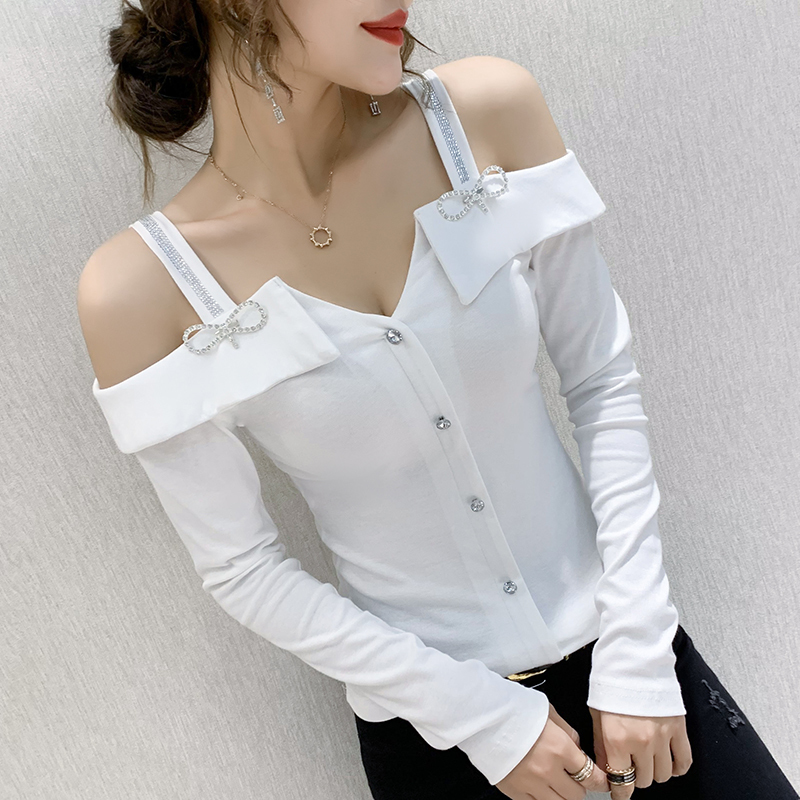 Spring Long Sleeve Women T-shirt Fashion Sexy Off The Shoulder Tshirts Tops Elegant slim Diamond Mujer Camisetas 220328