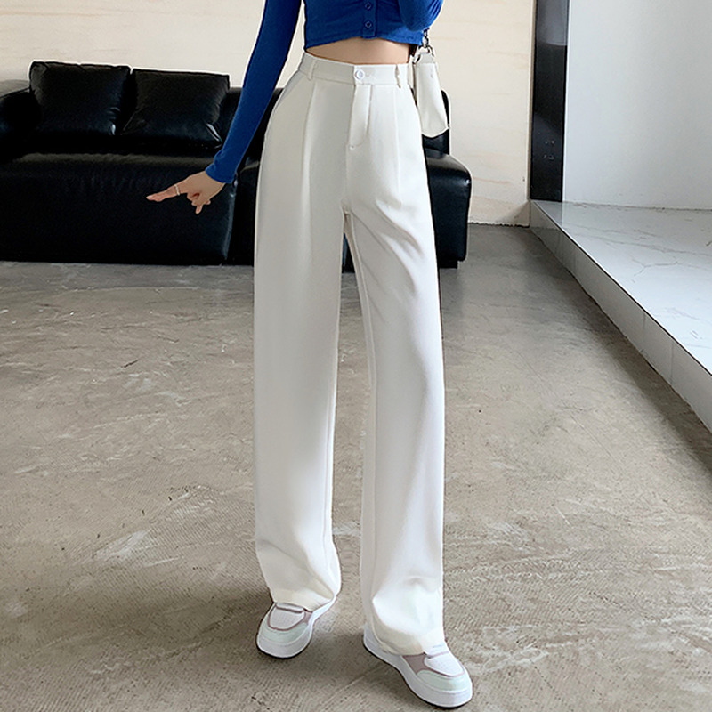 Women High Waist Floor-Length Suits Pants Autumn Winter White Loose Wide Leg Female Office Ladies Straight Long Trousers 220325