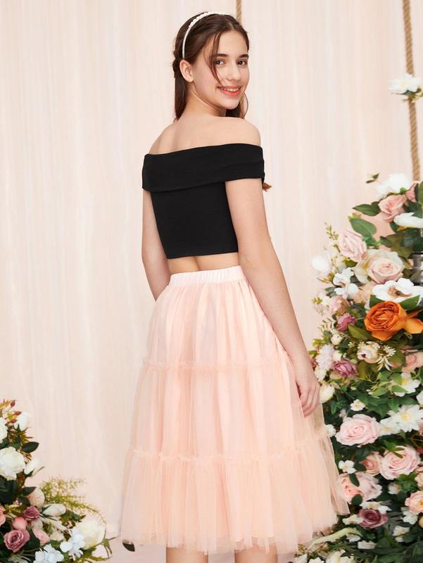 Teen Girls Off Shoulder Top & Ruffle Hem Mesh Skirt SHE
