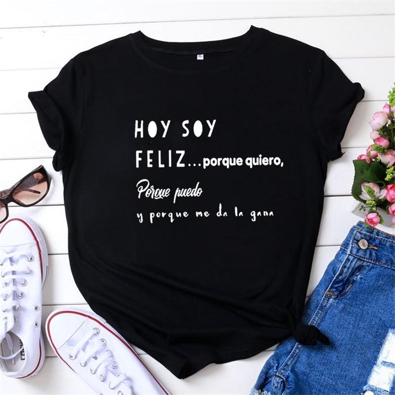 Hoy Soy Feliz Funny T Shirts Women Short Sleeve O-neck Cotton Harajuku Tee Shirt Femme Casual Tshirt Loose Camiseta Mujer 220321