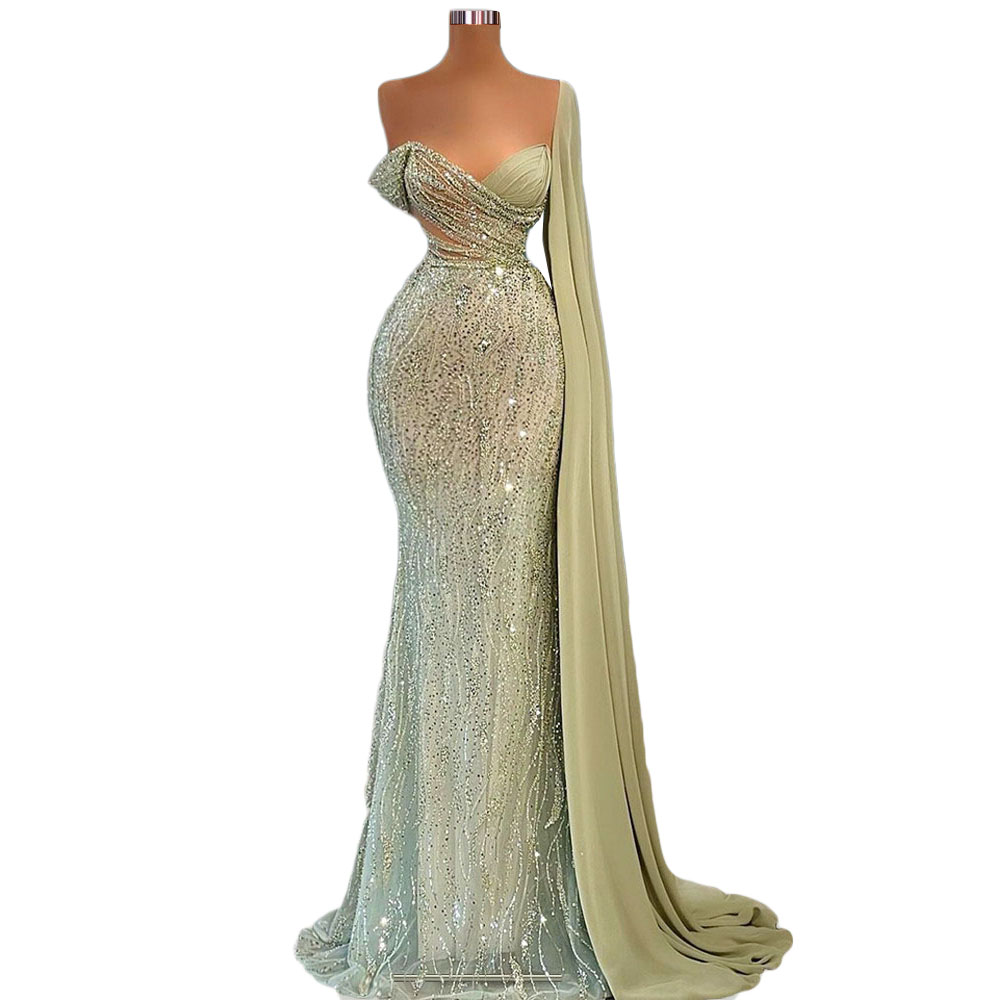 Green Mermaid Prom Dresses Sexy V Neck One Shoulder Sleeveless Satin Appliques Sequins Plus Size Elegant Prom Gowns Floor Length Custom Made Evening G