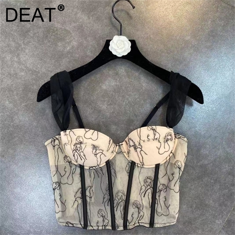 DEAT Summer Arrivals Sleeveless Mesh Strap Embroidery Fashion Temperament Fish Bone Tank Tops Women Camisole ML507 220325