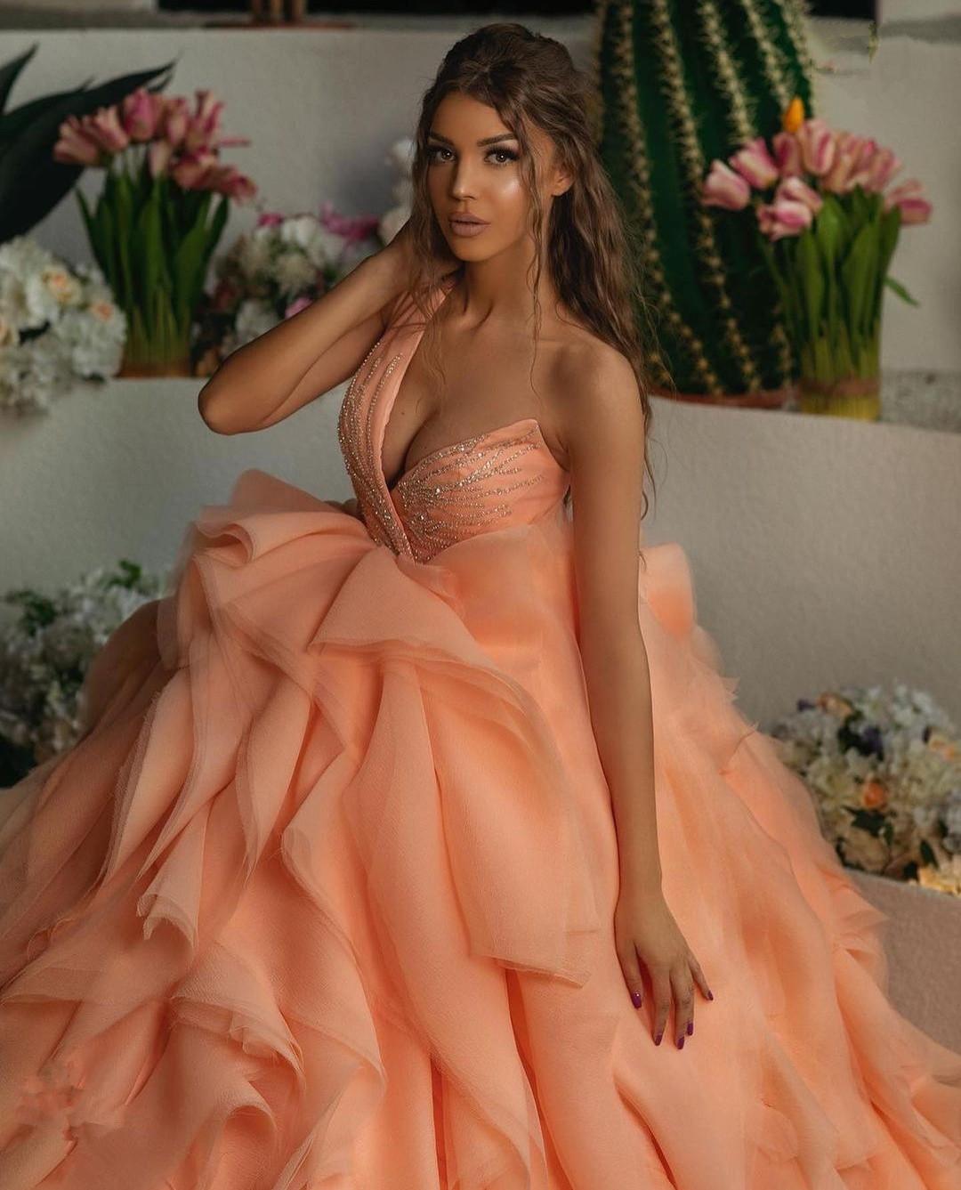 Bright Orange Evening Dress Plus Size Lace Chiffon Sleeveless Floor Length One Shoulder Sequins Ruffles High Waist Clubbing Gowns Custom Made Party Dr