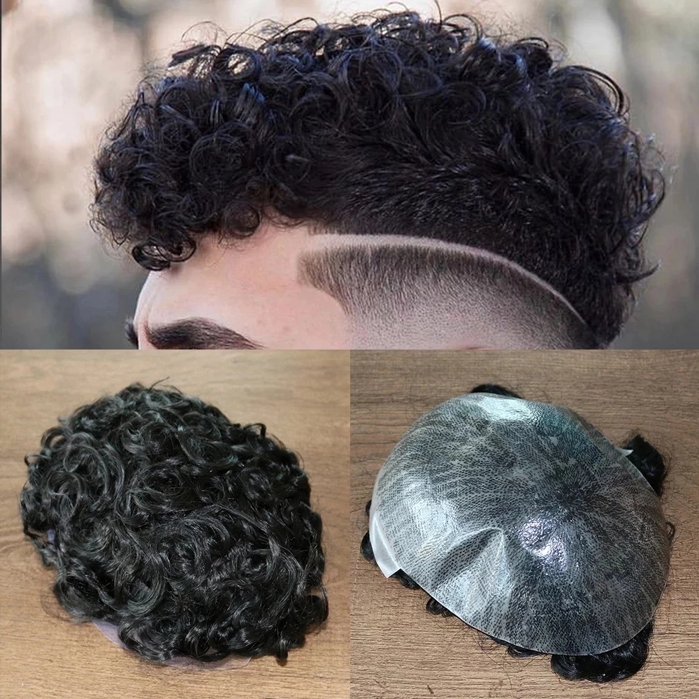 20MM Curly #1 Black Men's Wigs 100% Human Hair Unit Replacement System Durable Full Skin PU Toupee Male Capillary Prosthesis