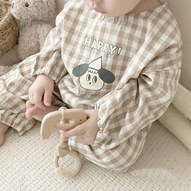 Baby Cotton Linen Clothes Set Plaid Cartoon Casual Tops + Pants 2pcs Baby Set Cute Boy Girls Comfortable Infant Outfits 220509