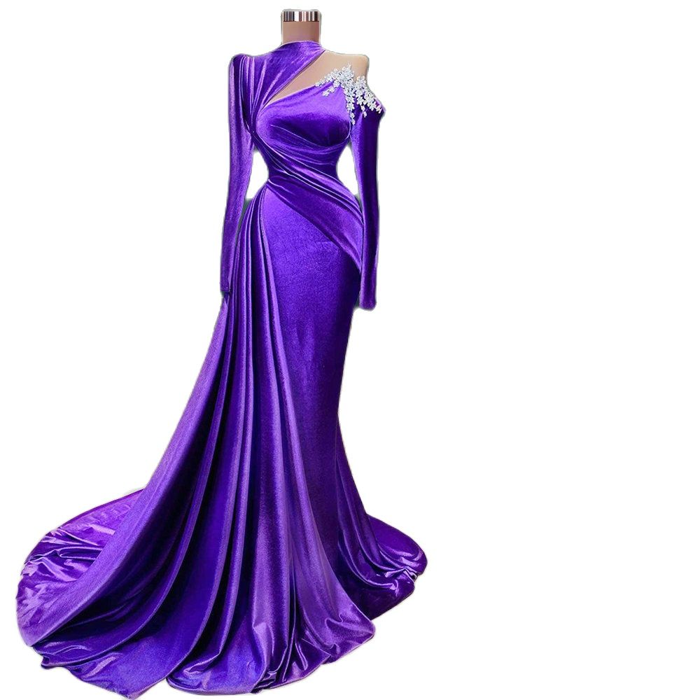 Purple Long Sleeve Elegant Mermaid Prom Evening Dresses 2022 Appliques Pleats Women Formal Party Pageant Gowns Custom Made