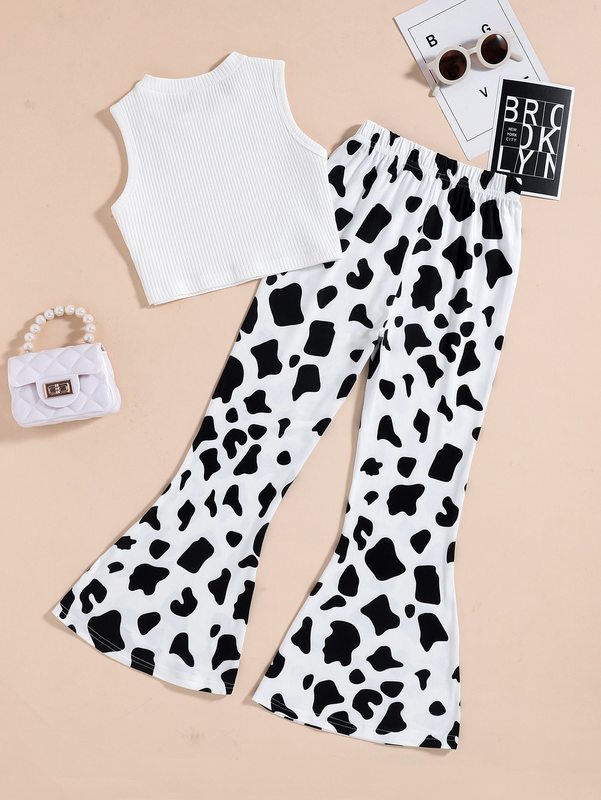Girls Solid Tank Top & Cow Print Flare Leg Pants SHE