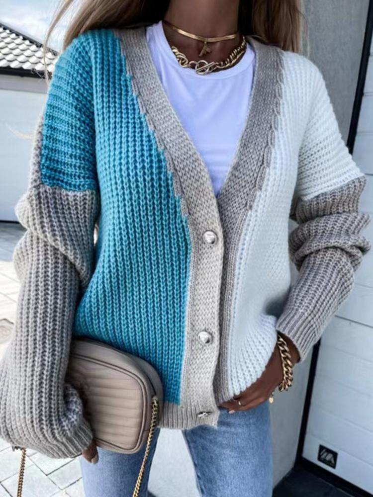 Women's Knits & Tees Autumn Winter Fashion Trend V Neck Long Sleeve Single-breasted Patchwork Personality Knitting Sweater WomenWomen's, Sky blue
Women's Knits & Tees Autumn Winter Fashion Trend V Neck Long Sleeve Single-breasted Patchwork Personality Knitting Sweater WomenWomen's, Sky blue