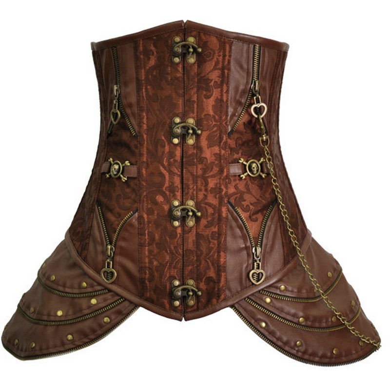 Retro Steampunk Underbust Corset Brown Brocade Jacquard Slimming Belly Sheath Waist Trainer Cincher Women Steel Bone Leather Body Shaper S-3XL
