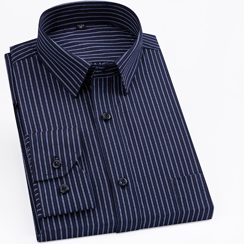 Anti-Wrinkle Men Work Shirts Regular Fit Long Sleeve Casual Dress Checkered Shirt Mens Purple Striped Clothing With Front Pocket 220322