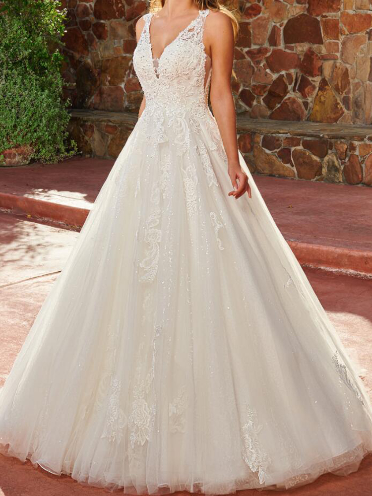 Glitter Tulle Wedding Dresses Bridal Gowns Sweetheart Neckline Applique with Beading Side Seam Illusions Chapel Train