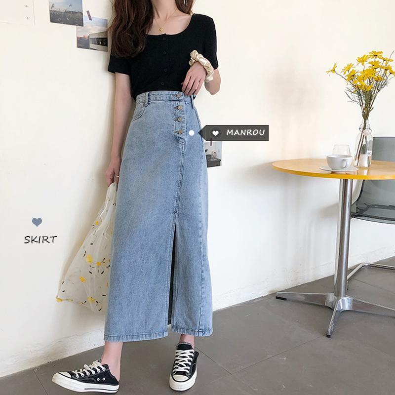 Korean High Waist Mid-Calf Four Buttons Denim Skirt With Pockets Front Split Straight Cowboy Style Streetwear Skirts, Color11
Korean High Waist Mid-Calf Four Buttons Denim Skirt With Pockets Front Split Straight Cowboy Style Streetwear Skirts, Color11