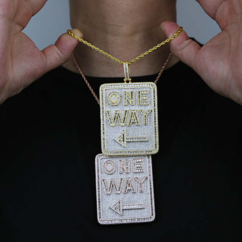 New Iced Out Bling Direction Signs Pendant Necklace Cubic Zirconia Letter One Way Charm Men Fashion Hip Hop Jewelry