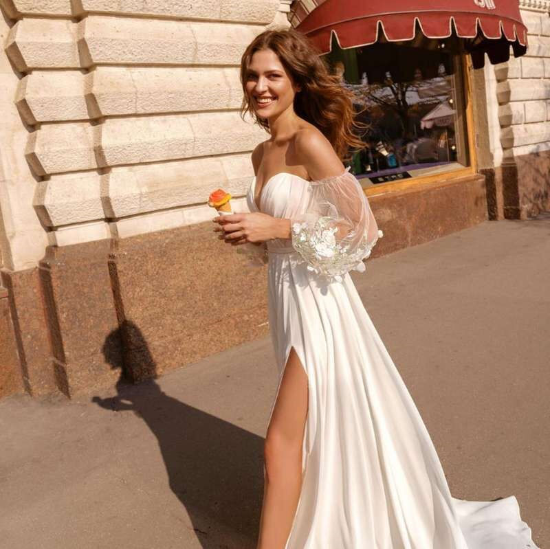 Sexy Summer Wedding Dresses 2022 Lace Chiffon Bride Dress Puff Sleeve Split Side Bow Beach Wedding Gowns Vestido De Novia Mariage