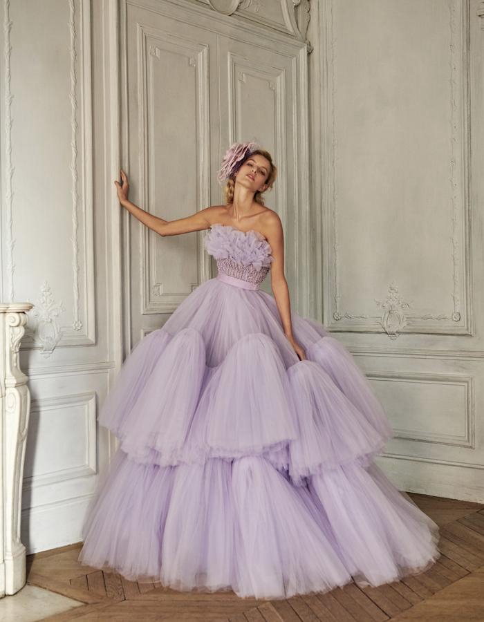 Ball Gown Light Purple Evening Dresses Bateau Strapless Sleeveless Floor Length Train Lace Ruffles Beaded Appliques Sequins Beads Prom Dress Vestidos 