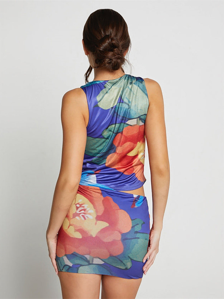 Summer Two Piece Sets Women Vintage Flower Casual Skirt Outfit Sleeveless Crop Tops Bodycon Mini Skirts Female 2Pcs Sets 220602