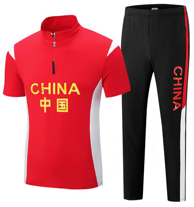 Men's Tracksuits Summer Athletes Running Jacket + Pants Chinese Team Sportswear Cotton Martial Arts Student Short Sleeve Top Unisex Training Suit