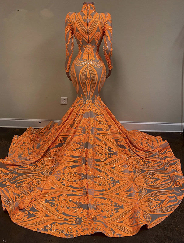 Long Sleeve High Neck arabic Prom Dresses 2022 Sexy Mermaid Style Orange Sequin applique African Blacl Girls evening Gala Gowns