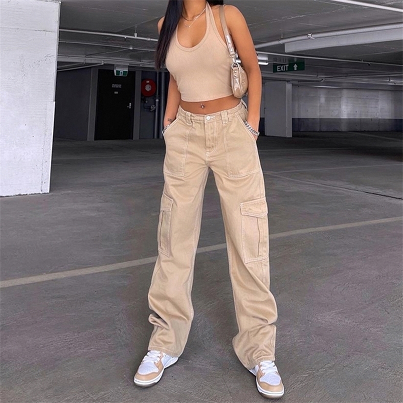 Vintage Khaki Wide Leg Cargo Pant High Waist Big Pockets Baggy Denim Trousers Y2K 90s Straight Oversize Sweatpants 220325