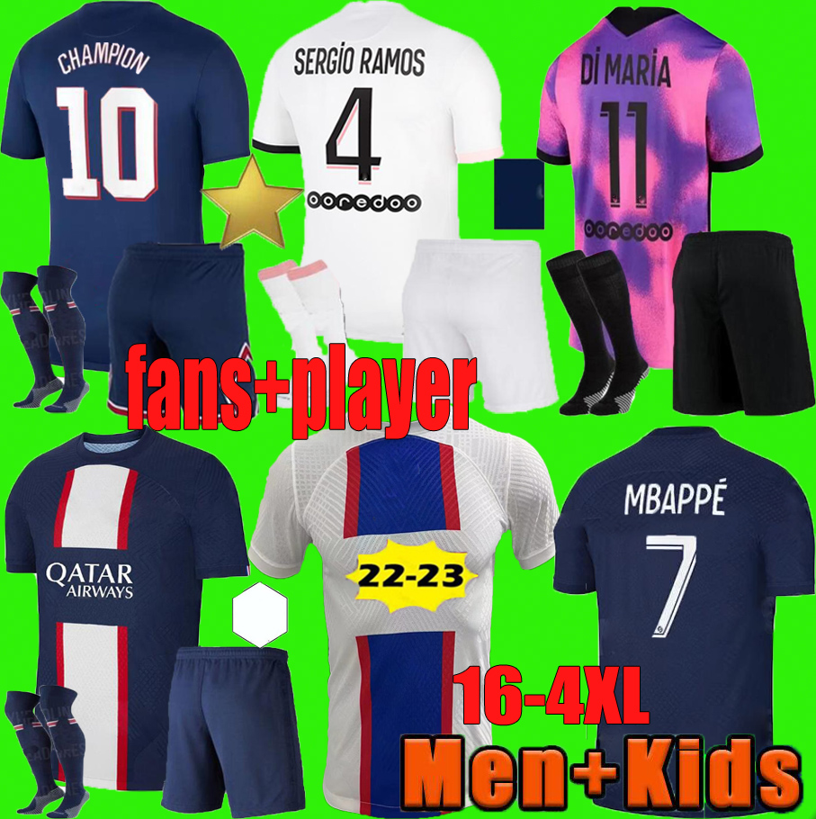 men kids kit 22 23 pSGs soccer jerseys special Champions MBAPPE HAKIMI SERGIO RAMOS 2022 2023 Wijnaldum ICARDI VERRATTI DI MARIA football shirt 3XL 4XL