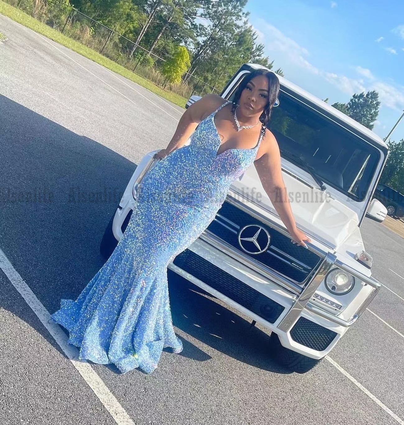 Light Blue Sequin Prom Dresses 2022 African Black Girls Mermaid Birthday Evening Gowns Robes De Soirée