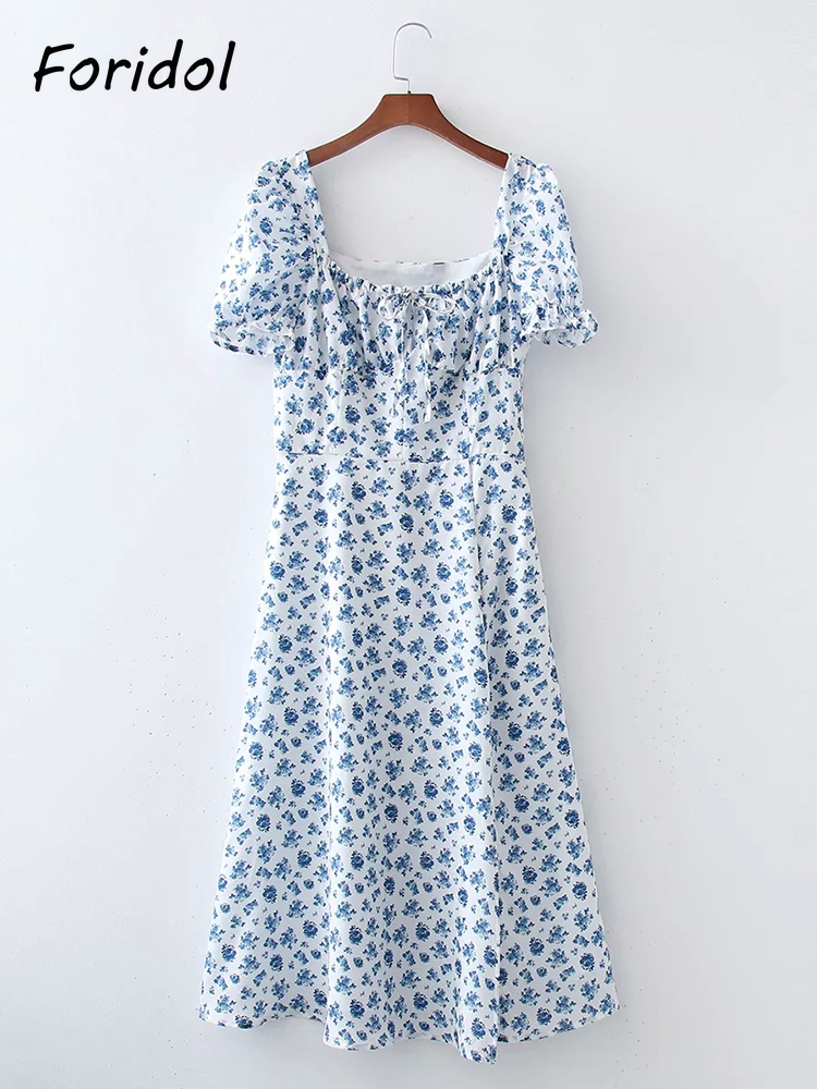 Foridol Floral Print Summer Dress Women Boho Slit Maxi Long Dress Vintage Beach Dress Puff Sleeve A-line Blue Sundress 220511