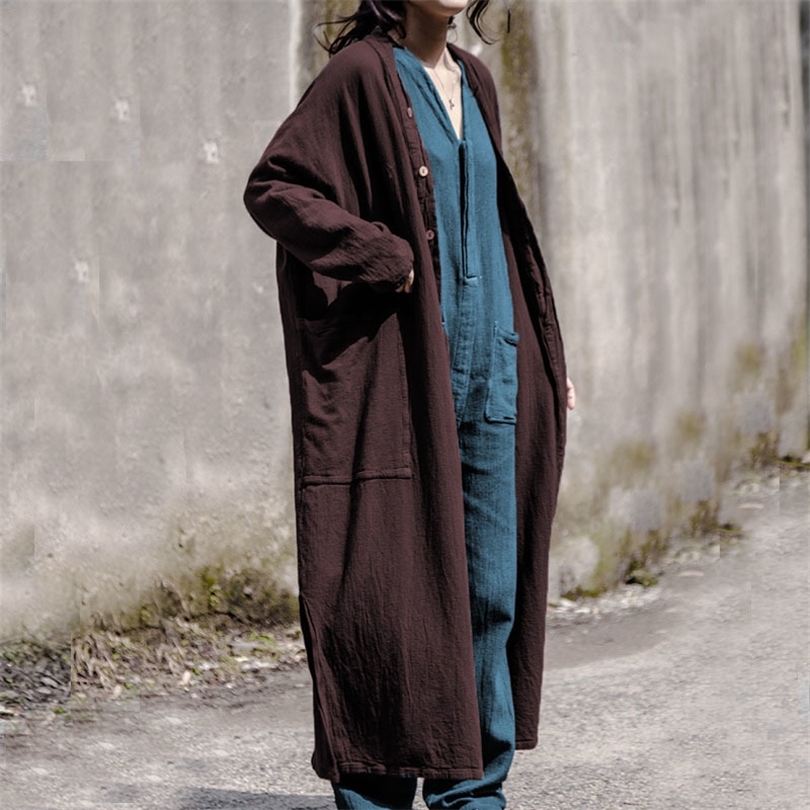 Johnature Women Maxi Coat Trench Vintage Autumn New Pockets Long Sleeve 5 Colour Large Size Women Clothes Long Trench Linen 201111