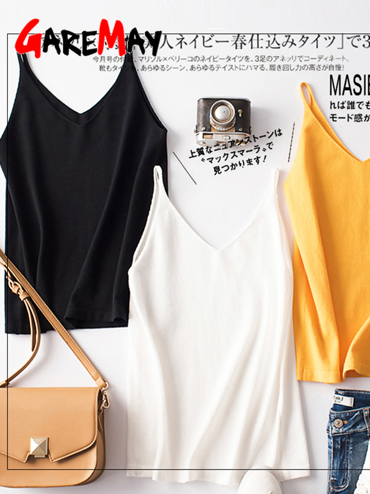 GareMay Women Knitting spaghetti Strap Top Halter V Neck Camisole Women'S Basic Casual Sleeveless knited Tank Tops Summer Female 220325