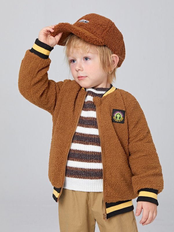 Toddler Boys Patch Detail Zip Up Striped Trim Teddy Bomber Jacket SHE