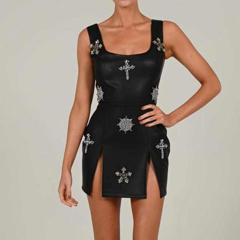Casual Dresses Black PU Short Dress Women Sleeveless Diamond Split Sexy Party Fashion Ladies Summer 2022Casual
Casual Dresses Black PU Short Dress Women Sleeveless Diamond Split Sexy Party Fashion Ladies Summer 2022Casual