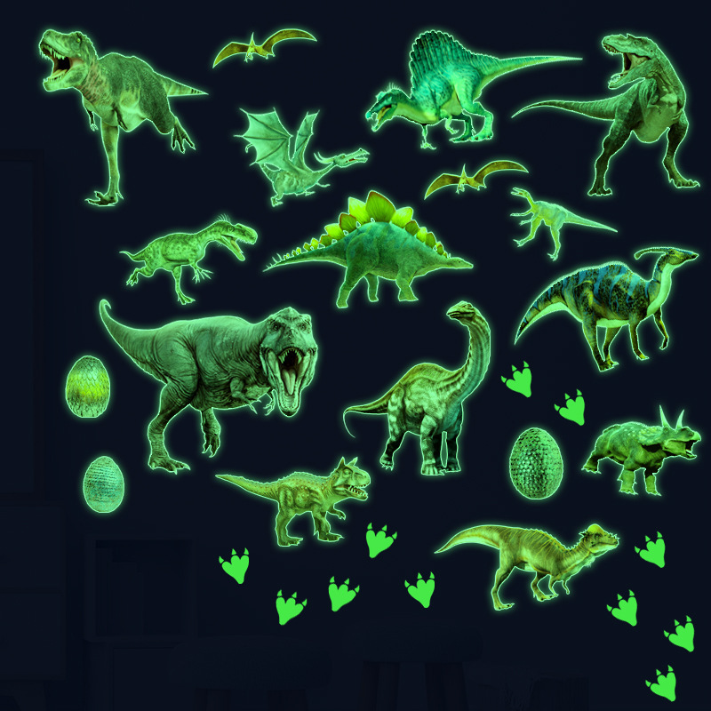 Green Light Luminous Dinosaur Wall Stickers Home Bedroom Kids Room Decoration Animal Fluorescent Decals Glow in the Dark Sticker 220328