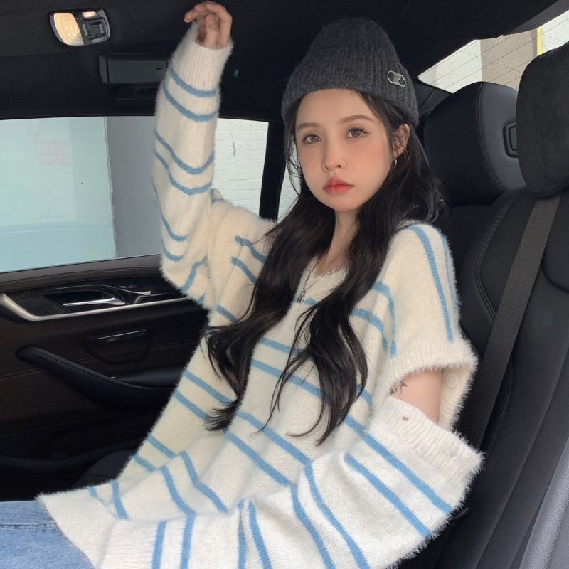 Korean Fashion Loose Winter Womens Clothing Sweater Blue Stripes V Neck Removable Sleeves Pullover Long Sleeves Knitting Tops 220817