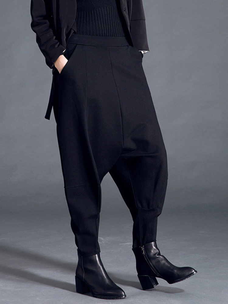 [EAM] Spring Fashion Black High Waist Elastic Pockets Patchwork Casual Woman Full Length Harem Pants SA155 220325