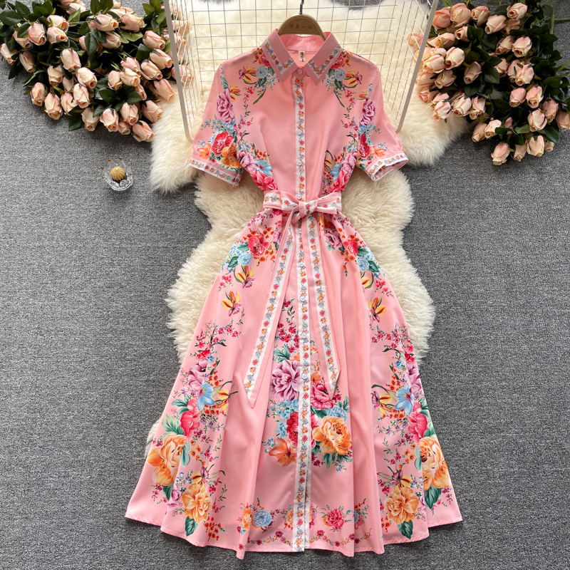 Summer Bandage Pink Shirt Dress Women Polo Neck Short Sleeve Print Floral Vintage Dress Elegant Evening Party Dresses 2022
Summer Bandage Pink Shirt Dress Women Polo Neck Short Sleeve Print Floral Vintage Dress Elegant Evening Party Dresses 2022