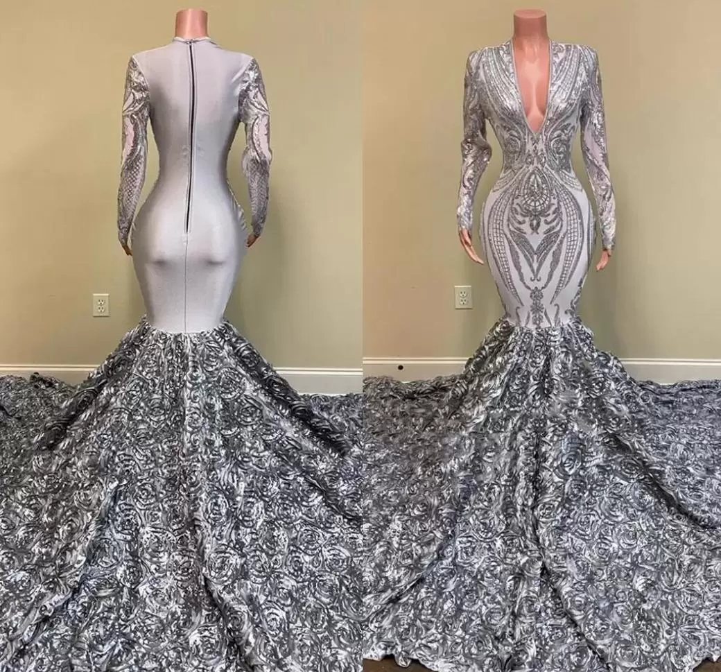 2022 Silver Mermaid Prom Dresses with Long Sleeves Lace Applique Plunging V Neck Custom Made Satin Plus Size Evening Party Gown Formal Wear vestidos
2022 Silver Mermaid Prom Dresses with Long Sleeves Lace Applique Plunging V Neck Custom Made Satin Plus Size Evening Party Gown Formal Wear vestidos