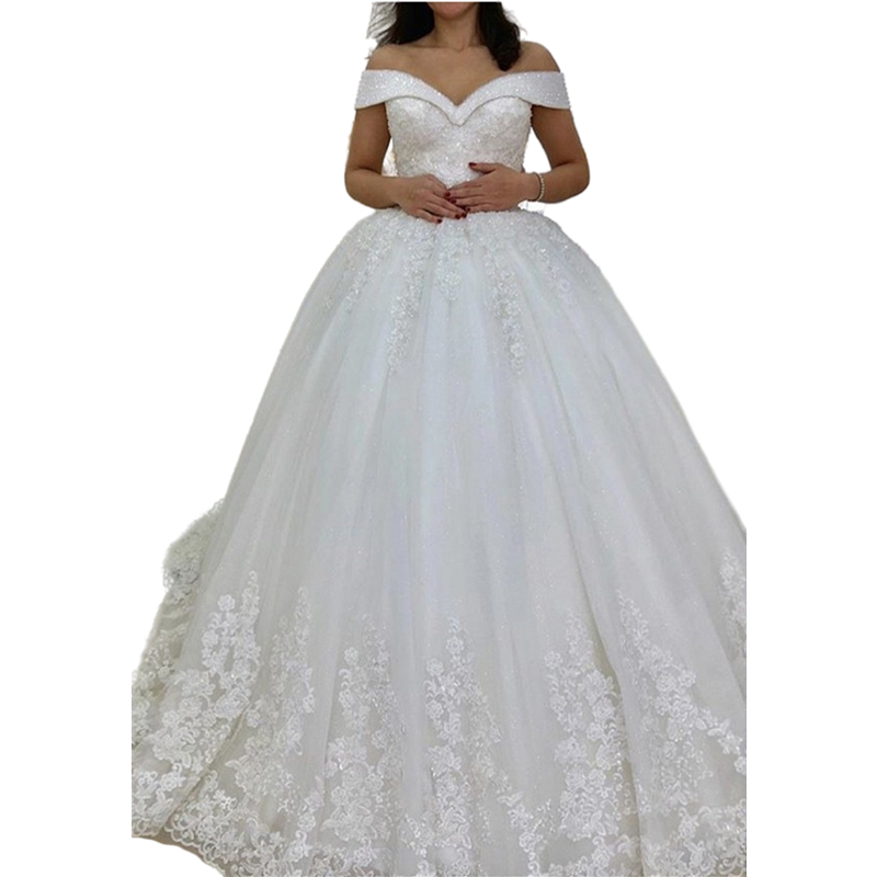 Luxury Crystals Beaded White Ball Gown Wedding Dresses Appliques Lace Open Back Plus Size Bridal Gowns Off Shoulder Long Tulle Garden Church Wedding D