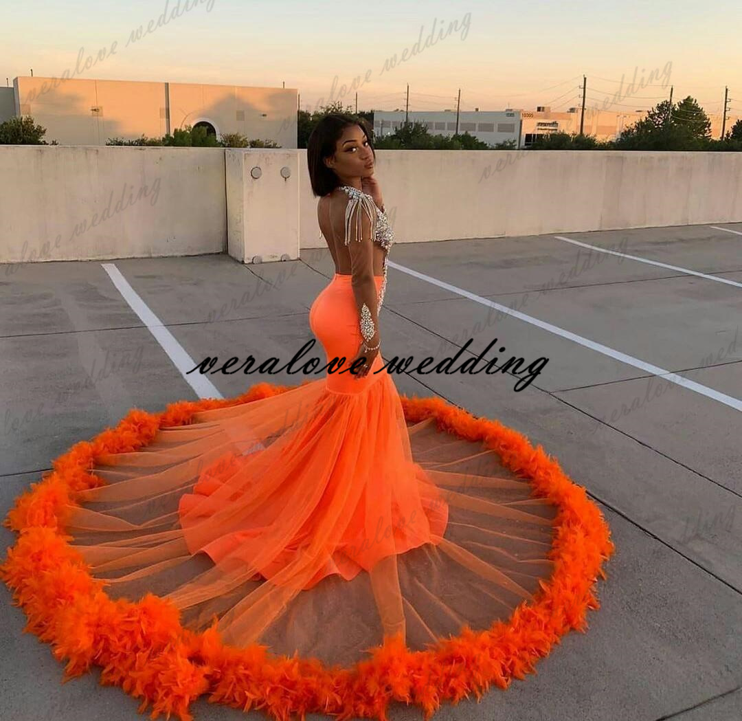 Orange Mermaid Prom Dresses For Black Girls Lace Beads Crystal Feathers Formal Evening Dress 2022 Deep V Neck African Robes De Soirée