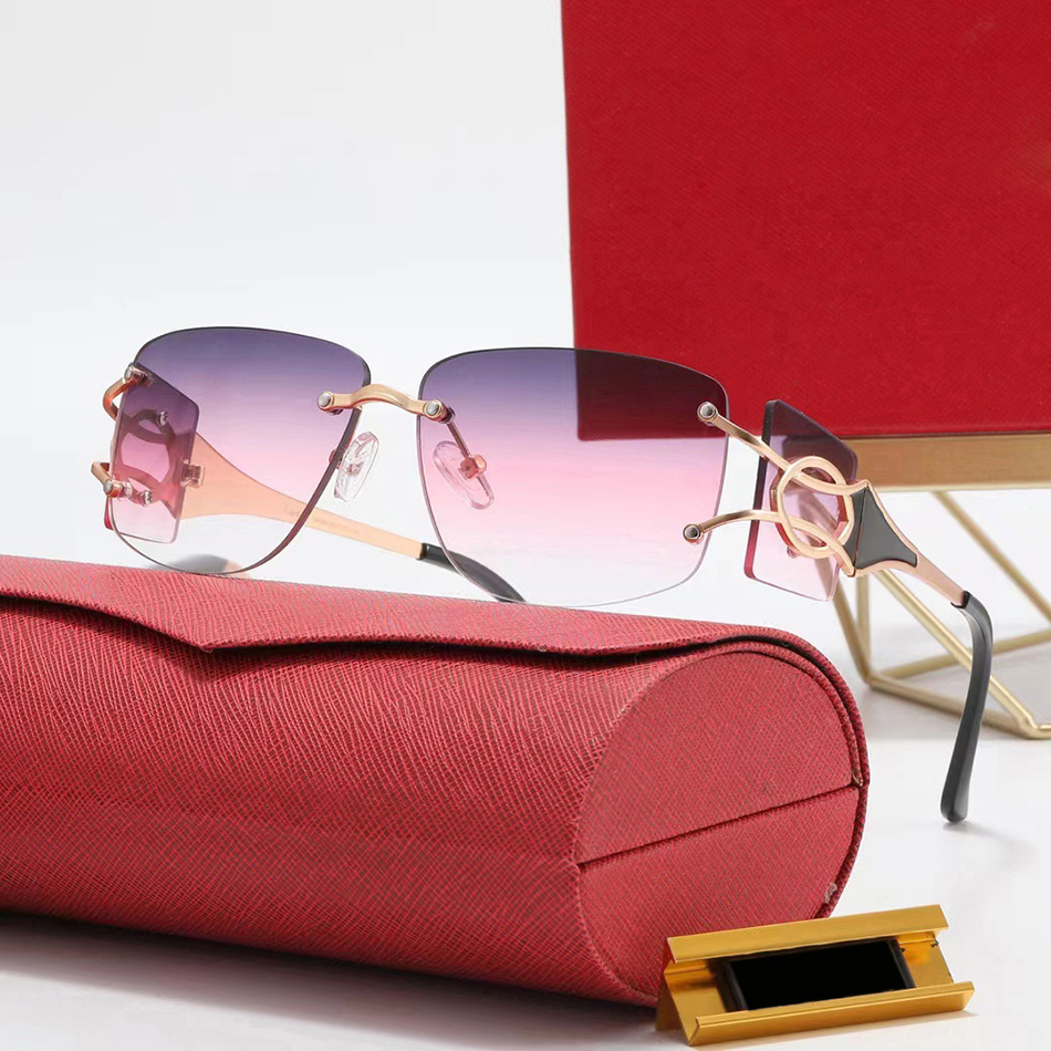 Designer Trend Rimless Sunglasses for Women Unique Double Gold Metal Frame Gradient Black Blue Square Lens Fashion Female Eyewear Mens Eye Glasses Gifts Box