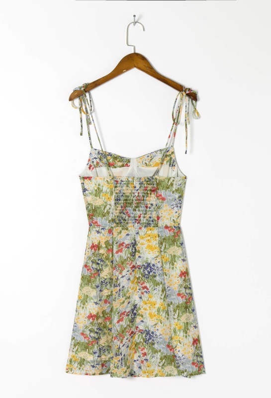 Retro French Yellow Green Floral Grass Print Spaghetti Strap Dress Sexy Women Lacing Up Sling Short Dresses Holiday Robe 220511