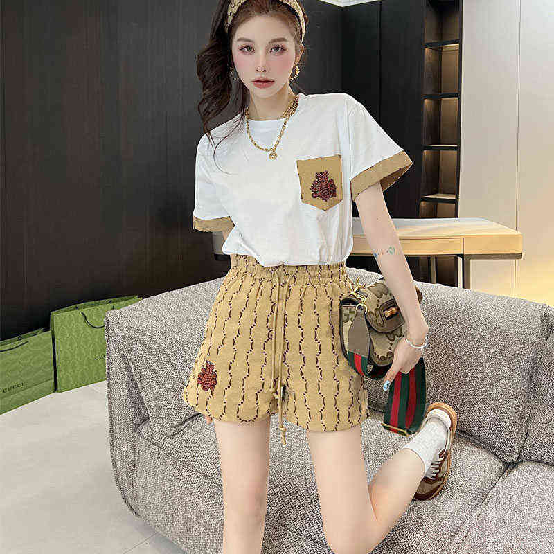 Women's Tracksuits Summer Women Double G Brand Fashion Casual Shorts Set White Letter T-shirt Slim Fit Denim Short Pants