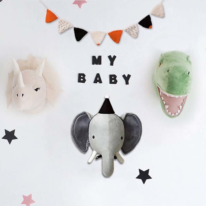 Animal Head Dinosaur Wall Decor Elephant Deer Hanging Mount Stuffed Animal Plush Toy Princess Doll Girl Kid Gift Nursery Room 220429