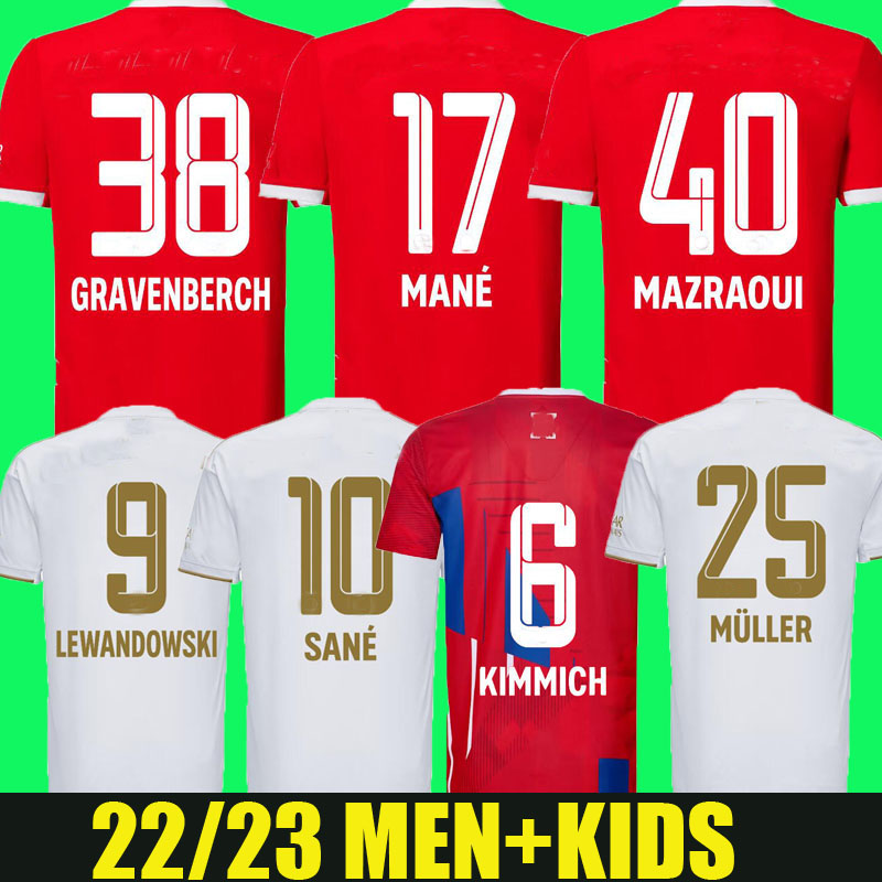 LEWANDOWSKI soccer jerseys 22 23 GRAVENBERCH SANE BAYERN MUNICH Mazraoui MULLER DAVIES KIMMICH football TOP shirts Men Kids kit COMAN 2022 2023 uniform fans player, 22/23 home