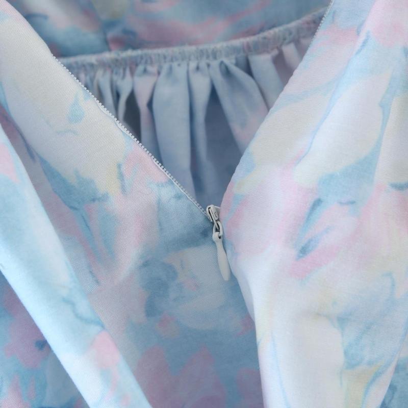 Bright Like Silk BLUE Floral Print Ball Gown Dress Puff Sleeve Retro Women Ruched Pleated Waist Mini Party Dresses Fairy 220511