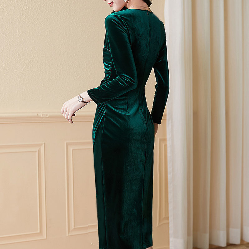Winter Elegant Red Velvet Dress For Women Cross V Neck Long Sleeve Buttocks Pencil Dress Office Lady Blue Tight Plus Size Dress 220317