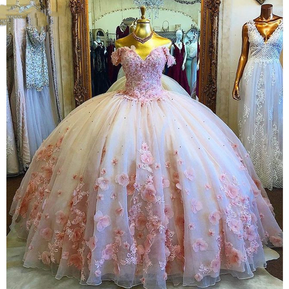 Pink Quinceanera Dresses Ball Gown 3D Flowers Princess Tulle Pageant Dress Elegant V Neck Sweet 16 vestido debutante 15 anos