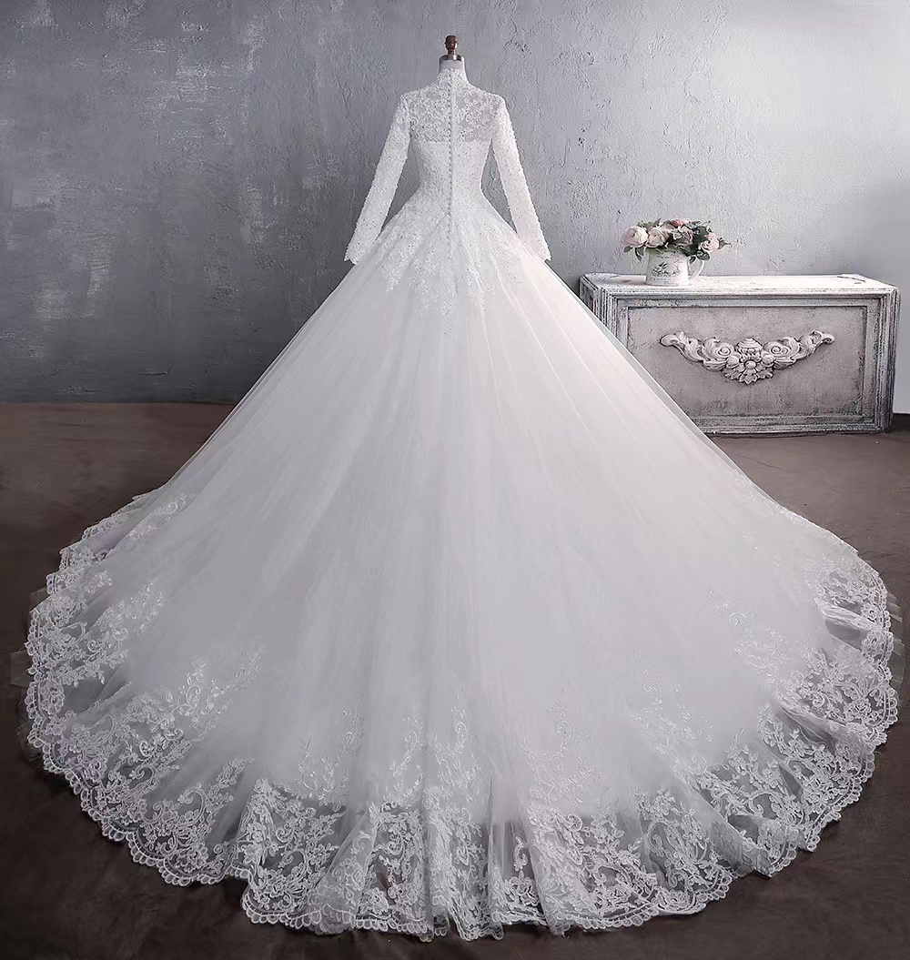 Middle East Arab Wedding Dress Beading Appliques High Neck Long Sleeve Lace Muslim Bride Dresses Big Trailing Plus Size Bridal Gowns Custom